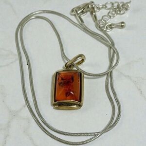 Vintage Baltic Sea Genuine Amber Pendant Square 925 Sterling Silver on Chain